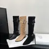 Botas para mujer 2026 de moda, punta fina, hasta la rodilla, estilo coreano, western, nuevas botas de mezclilla con hebilla de cinturón y tacón grueso para aumentar la altura