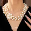 Colar de Pérolas de Três Camadas com Flor de Gotejamento de Óleo e Contas Redondas, Corrente Exclusiva de Clavícula de Luxo Leve, Colar Exquisito Elegante Estilo Palácio