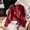 AliExpress Wish Moda Femenina Primavera y Otoño Top de Nudo Corto Cuello en V Simple Color Sólido Cruzado Suéter de Punto Irregular