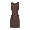 Vestido Bodycon Midi de Cor Sólida com Gola Redonda sem Mangas, Pregueado na Cintura, Ajustado ao Corpo, Tecido Elástico, Estilo 'Pure Desire', para Mulheres