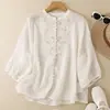 2026 Camisa Artística de Algodão e Linho Bordada Estilo Novo Chinês Vintage com Gola Alta e Manga Média, Blusa Leve de Cinco Mangas
