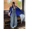 Mono de Mezclilla Vintage Impulsado por el Diseño Primavera/Verano para Mujer, Estilo Coreano de Cintura Alta Pierna Recta Holgado Versátil Lavado Casual Pantalones de Pierna Ancha