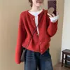Cárdigan de Punto para Mujer Color Sólido Suave Tipo Cera Borde Enrollado Botón de Corazón 2025 Otoño e Invierno Coreano Holgado Cuello Redondo Chaqueta Suéter