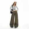 Calça larga plissada estilo novo 2026 transfronteiriça para mulheres, solta e modeladora, calça comprida até o chão, calça longa cor de café, calça extra longa cor de café