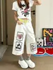 Chao Li Youhuo Pantalones de Trabajo Blancos Bordados de Mezclilla Cortos para Mujer, Verano Delgados de Cintura Alta Sueltos Rectos de Pierna Ancha de Longitud Media