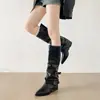 Hebilla de cinturón~botas de pierna cónica, botas de tacón grueso, botas largas, estilo europeo y americano para mujer, botas de caña alta, botas negras de punta fina, botas de calle elegantes