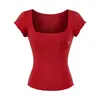 Blusa Casual Slim Fit de Primavera e Verão, Camiseta Básica Slimming de Ombro Normal, Camiseta de Manga Curta Levemente Transparente em Tencel com Gola U Grande para Mulheres