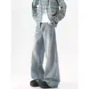 Jeans vintage de calle azul lavado para hombre, versátiles pantalones casuales de pierna ancha con vibra de primavera y otoño, pantalones holgados de pierna ancha