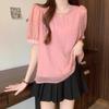 [Tecido original] camisa feminina de manga curta com gola redonda plus size, verão, para meninas cheinhas, corte relaxado, top justo com manga bufante
