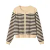 Z Estilo Europeu e Americano 2026 Nova Moda Elegante Feminino Atacado Gola Redonda Listrado Tricô Cardigã Jaqueta 3433101