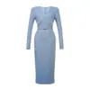 Nueva Ropa de Otoño e Invierno para Mujer, Vestido de Punto Azul de Manga Larga Adelgazante con Cintura Ajustada y Cuello en V de Perlas de Alta Resistencia, Vestido Básico 56031