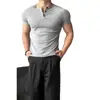 Camiseta Gola Henry Estilo Americano Sorona Verão Manga Curta Cor Sólida Respirável Esportes ao Ar Livre Camisa Henry Top Casual Masculino