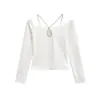 Camiseta Sexy de Hombros Descubiertos con Cutout y Cuello Halter de Manga Larga, Nueva Camiseta Básica Ajustada de Primavera, Top Picante para Chica