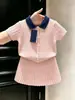 Conjunto de tricô doce rosa novo de verão estilo coreano para meninas, bebê, gola polo torcida, saia de manga curta