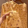 Pijama de mono con estrella amarilla para mujer, estilo primavera y otoño, cuello camisero dulce, manga larga, conjunto de ropa de estar de algodón de doble capa para estudiantes