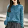 Nuevo cárdigan de punto de lana de cachemir para otoño e invierno, cuello redondo, de manga larga para mujer, patrón trenzado, suéter de lana de hilo cepillado