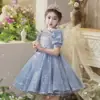 Vestido de Aniversário para Menina Vestido de Princesa 2025 Novo Estilo Cinza Nicho Fashionável Roupa para Apresentação de Piano Host Infantil