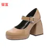 LiuFu En Stock Deseo Comercio Exterior Nueva Moda Europea y Americana Talla Grande Tacón Grueso Punta Cuadrada Hebilla Zapatos de Moda para Mujer