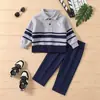 Conjunto de Primavera y Otoño para Niños 2026: Conjunto de Dos Piezas: Camisa Polo de Manga Larga a Rayas y Pantalones Azul Oscuro, Ropa Casual para Niños