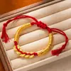 Nova Pulseira Enrolada Estilo Chinês, Pulseira Tecida à Mão, Pulseira Vermelha de Alto Padrão Estilo Antigo com Pingente Redondo Dourado Areia Deus da Riqueza