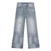 Jeans nirben denim estilo americano high street retro rasgado flare para homens, calças versáteis de perna larga com corte reto solto
