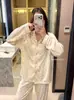 Conjunto de pijama de algodón jacquard suave y transpirable de estilo japonés para mujer, nuevo para primavera, con cuello camisero vuelto, manga larga y pantalón largo, para estar en casa