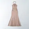 1621-26 Vestido Largo de Verano con Cuello Halter, Vestido Liso Ajustado Estilo Coreano