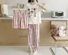 Conjunto de pijama de tres piezas para mujer, pijama de verano de manga corta y pantalón largo, pijama de mujer con estampado de dibujos animados, pijama de corte holgado, ropa para el hogar