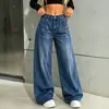 Comércio transfronteiriço europeu e americano, tamanho europeu, azul escuro, perna larga, perna curva, jeans feminino estiloso com cintura elástica e cintura alta
