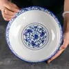 Tigela Grande de Porcelana Azul e Branca Retrô 10 polegadas Tigela Grande para Sopa Comercial Tigela Grande para Peixe Cozido Peixe com Chucrute Cerâmica Tigela para Sopa