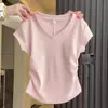 Top de Manga Corta con Cuello en V de Alta Gama Color Gris para Mujer con Fruncido Lateral y Diseño de Ceñido a la Cintura para un Efecto Adelgazante, Camiseta Corta Versátil para Verano 2026