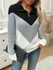 Suéter de Punto Casual para Mujer Xinshangyu, Venta Caliente Transfronteriza, Otoño e Invierno, Solapa, Cremallera, Bloques de Color, Manga Larga, Cuello en V.