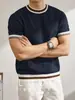 Novos Tops de Verão Estilo Transfronteiriço para Homens Maduros, Suéteres de Verão Brancos com Gola Redonda e Listras, Malhas Internas Masculinas