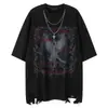 Camiseta Masculina de Manga Curta com Estampa de Corrente Estilo Streetwear Americano, Verão Hip-Hop Rasgada Caimento Solto Estilo Casal Ombro Caído
