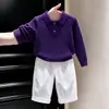 Roupa Infantil Estilo Coreano 2026 Outono/Inverno Novo Conjunto de Suéter de Tricô com Gola Polo e Padrão de Diamante Roxo Calça Casual de Pernas Largas Infantil