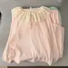 Pijama doble largo de encaje de algodón nube a cuadros amarillos, conjunto fino y amigable con la piel para casa para mujer en primavera y otoño