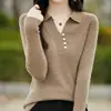 Nuevo Suéter de Lana Versátil de Color Sólido para Otoño e Invierno con Cuello de Solapa, Camisa Base Suelta de Manga Larga para Mujer de Color Sólido con Botones
