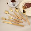 Cuchillo, Tenedor, Cuchara, Tenedor para Fruta, Cuchara para Postre Helado, Cuchara para Café de Acero Inoxidable 304, Mango de Bambú, Juego de Cubiertos para Comida Occidental