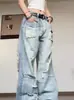 Jeans desgastados rotos estilo retro americano para mujer, nuevo estilo de alta costura para primavera y otoño, pantalones holgados rectos de tiro bajo de pierna ancha