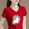 Comércio Exterior Transfronteiriço Último Estoque Grande Marca Etiqueta Cortada Manga Curta Camiseta Feminina Verão Solta Casual Petite Decote V Meia Manga