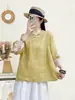 Estilo Novo Verão 2026 Pura Ráfia Gola Redonda Gola Diagonal Emagrecedora Manga Sete Quartos Botões Casual Bordada Leve Blusa para Mulheres