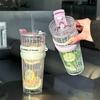 Estilo Ins Espessado Grande Capacidade Simples Padrão Vertical Xícara de Café Feminina Canudo Duplo Copo de Água Vidro Doméstico Classy