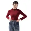 Camada Base Térmica Feminina Slim Fit Manga Longa com Gola Alta Meia-Altura Forrada com Fleece Espessada para Outono e Inverno