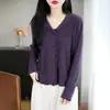 Cardigan de malha fino de lã com lapela, estilo novo de primavera, com bordas plissadas, jaqueta top solta estilo coreano roxa para mulheres