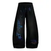 Calça larga de cós com cordão, estampa de letras retrô estilo americano, calça casual de rua masculina, calça esportiva, tendência 2026