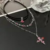 Colar com Pingente de Estrela de Quatro Pontas Preto Fosco Doce Cool Gótico Feminino Gargantilha de Couro Pequena Retro Camada Múltipla Corrente de Clavícula