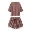 Ropa Europea y Americana Transfronteriza para Mujer AliExpress Venta Caliente Moda Terciopelo Acanalado Manga Corta + Conjunto de Shorts de Terciopelo