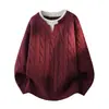 Ponto Retro Trançado Visual Duas Peças Color Block Tamanho Grande Malha Masculina 2026 Inverno Novo Solto Casual Suéter Masculino