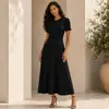 Vestido Largo de Punto para Mujer, Estilo Europeo y Americano, Cuello Redondo, Manga Corta, Verano S Marca, Calado, Canalé, de un Solo Botón