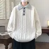 Suéter de tricô torcido estilo coreano com gola polo, espessado para aquecimento, pulôver cinza, estilo old-money, malharia masculina